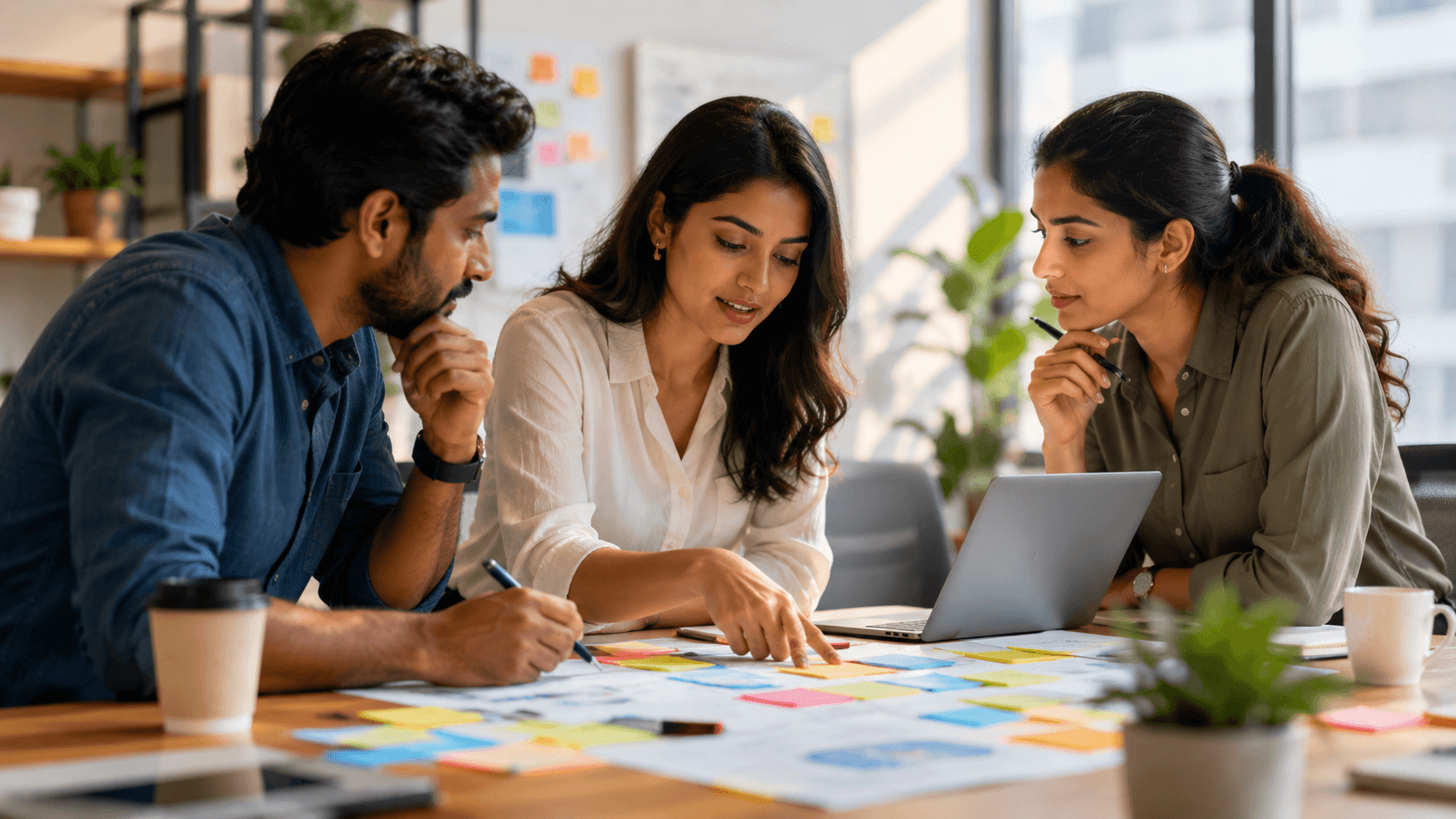 Three professionals collaborating around a table with sticky notes, documents, and a laptop during a customer journey mapping session in a modern office.
